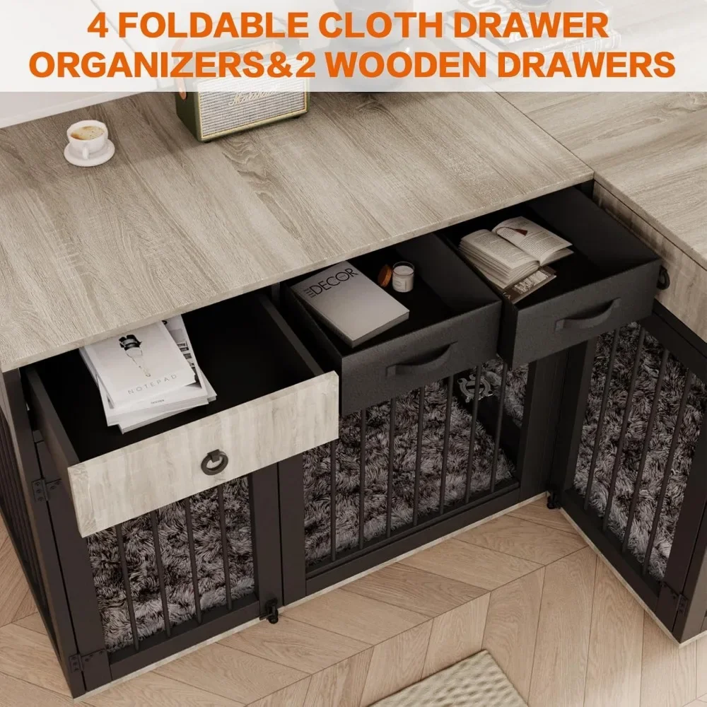 Dog Crate, Wooden Combined Dog Crates Kennel with Fabric Drawers&Removable Divider,Dog Crate Can Use Separately