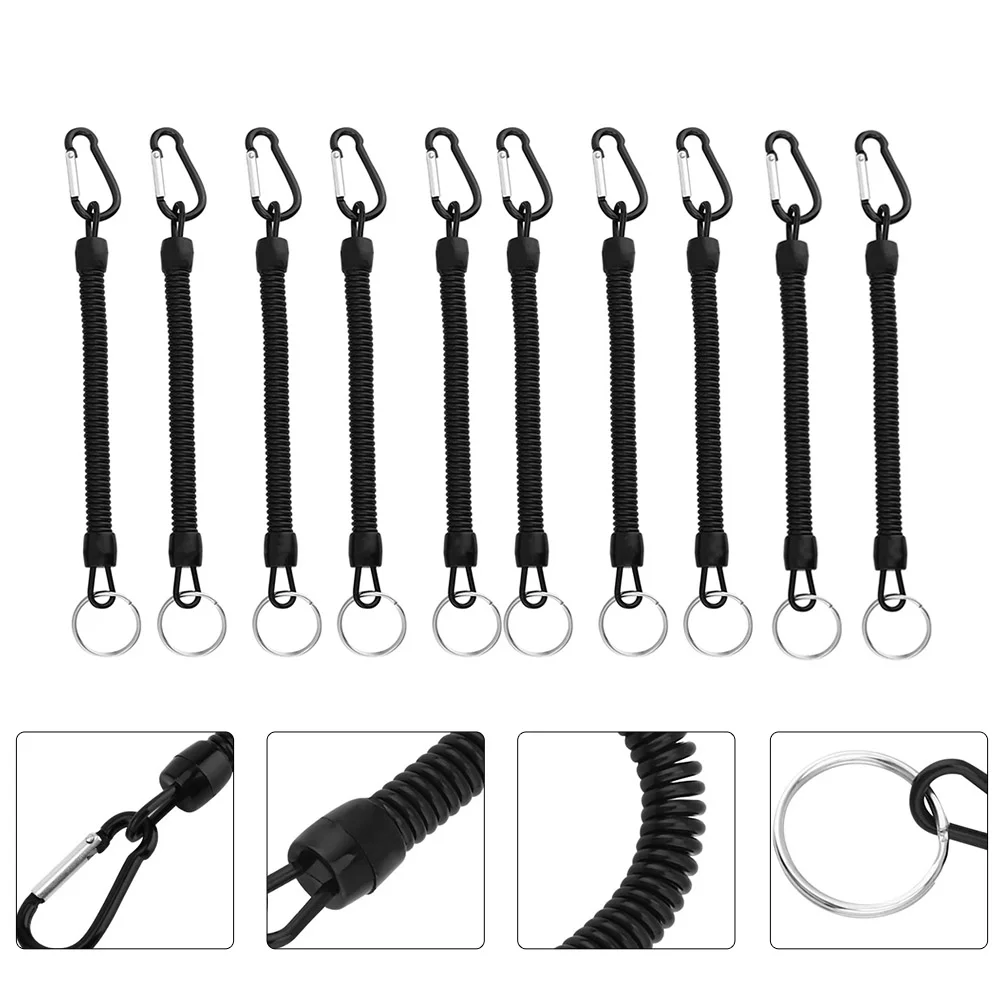 10 Pcs Phone Lanyard Fishing Rope Cord with Carabiner Spiral Lanyards Gear Tether Stretchy Accessory Black Retractable Coiled