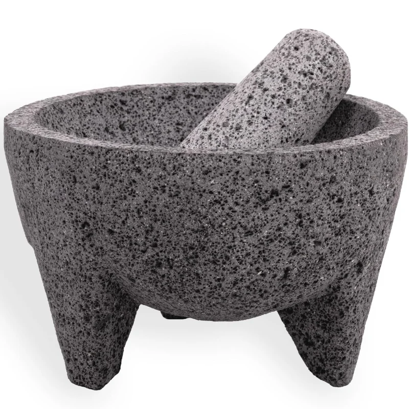 Molcajete 8 in Mexican, Handmade with Natural Volcanic Stone, Artisanal Kitchen Utensil for Grinding with Pores for Crushing, Sp