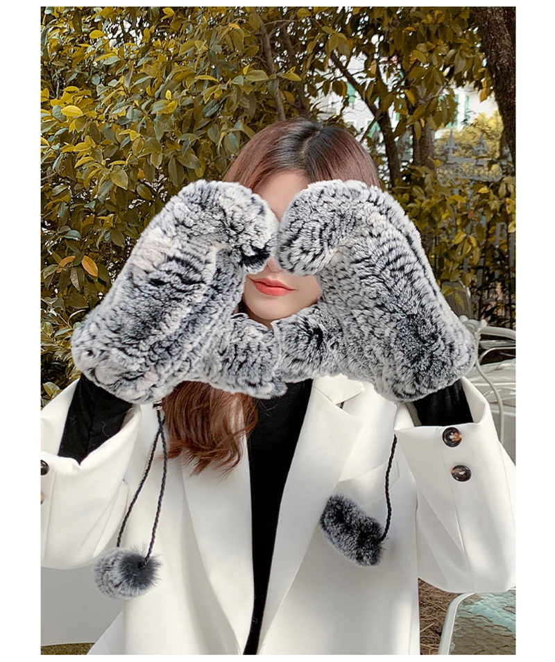 Women's Winter Real Rex Rabbit Fur Gloves Warm Thick Ladies Fur Mittens Elastic Girls Ski Glove Mitts Elastic Soft With String