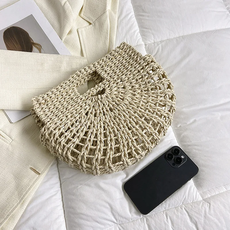 Straw Woven Basket For Women Rattan Handmade Storage Fashion Handbag Beach Travel Top Handle Shoulder Bag For Female