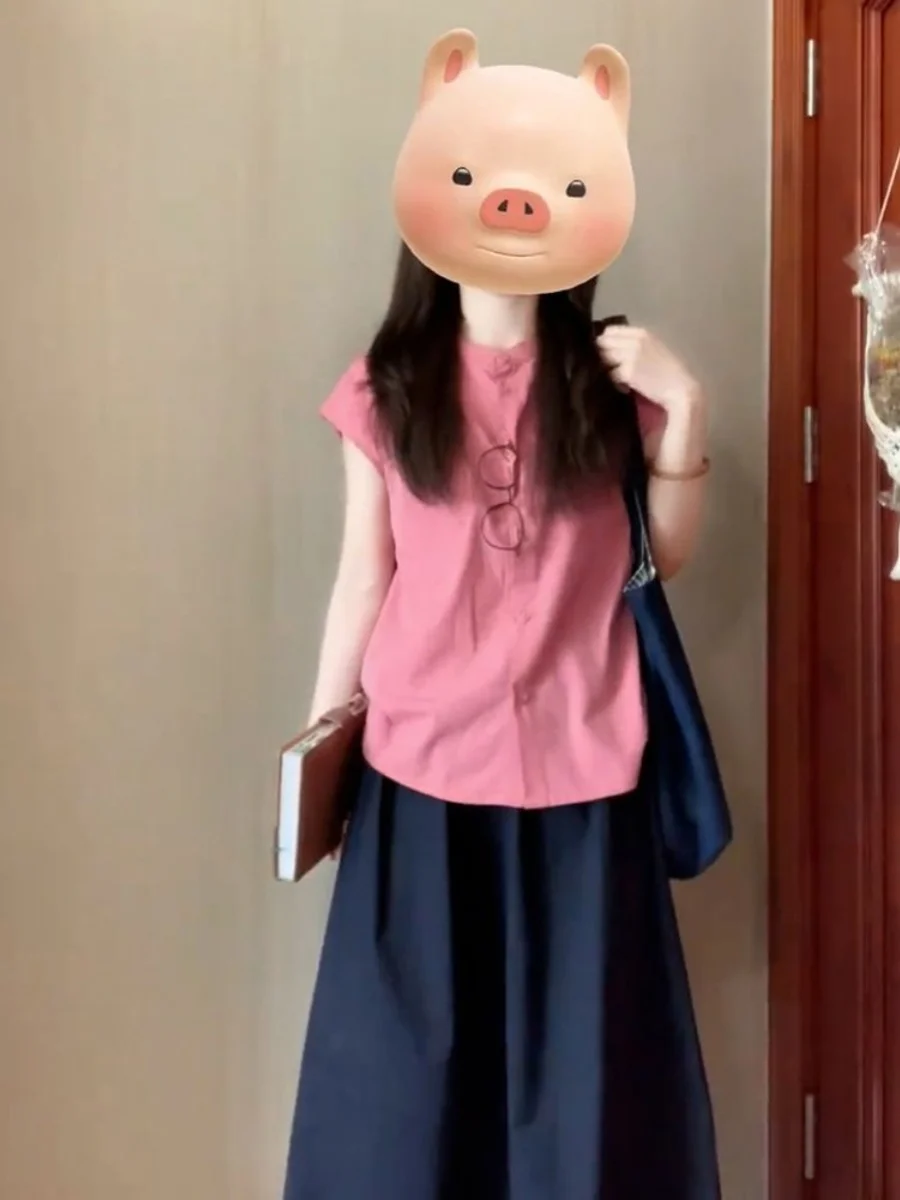 Estate 2024 Donna Rosa ort Sve irt Sle giapponese Design unico Casual Misto cotone Button up Classico rotondo Ne Top