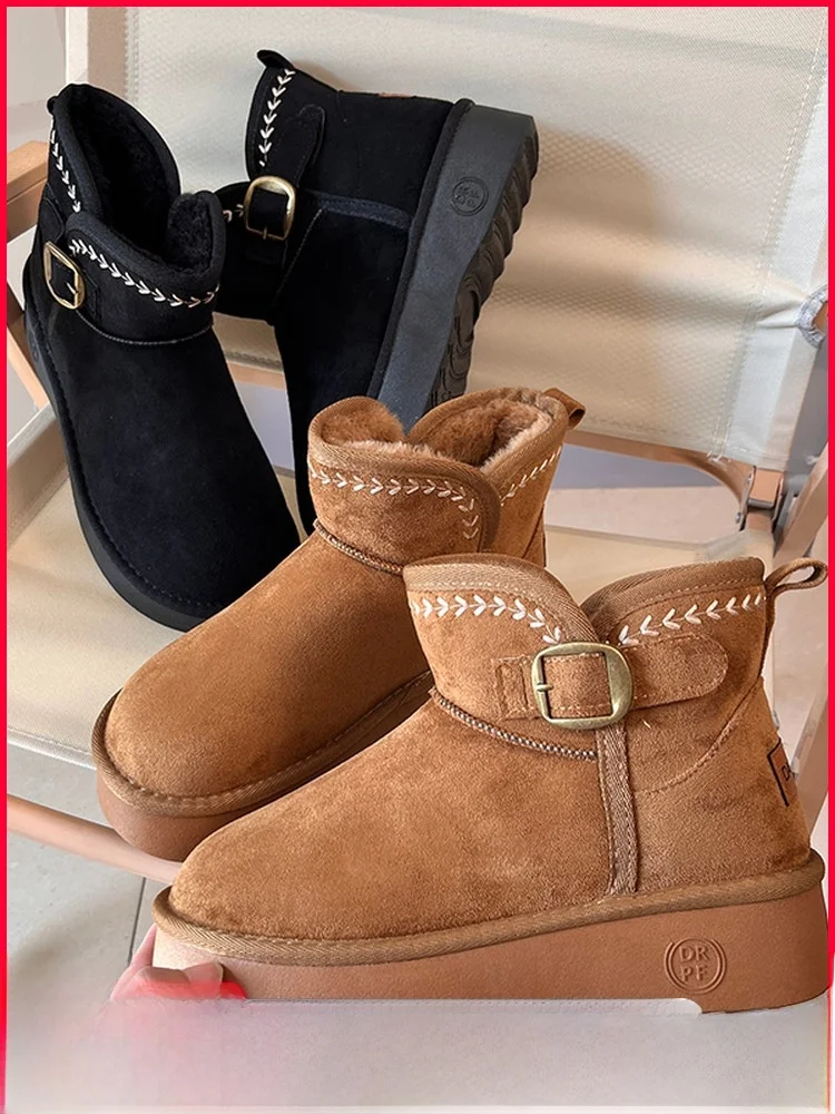 

Women's Thickened Fleece Lined Snow Boots Winter Warm Thick Bottom Cotton Shoes Short Boot Korean Style round Toe mid Heel