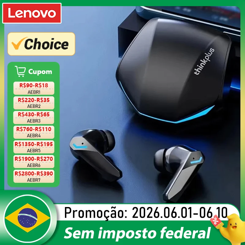 Fone de Ouvido Bluetooth 5.4 Lenovo GM2 Pro com Microfone, Fones de Ouvido Estéreo 9D Pro 6, Modos Duplos para Música e Jogos, Headset Sem Fio