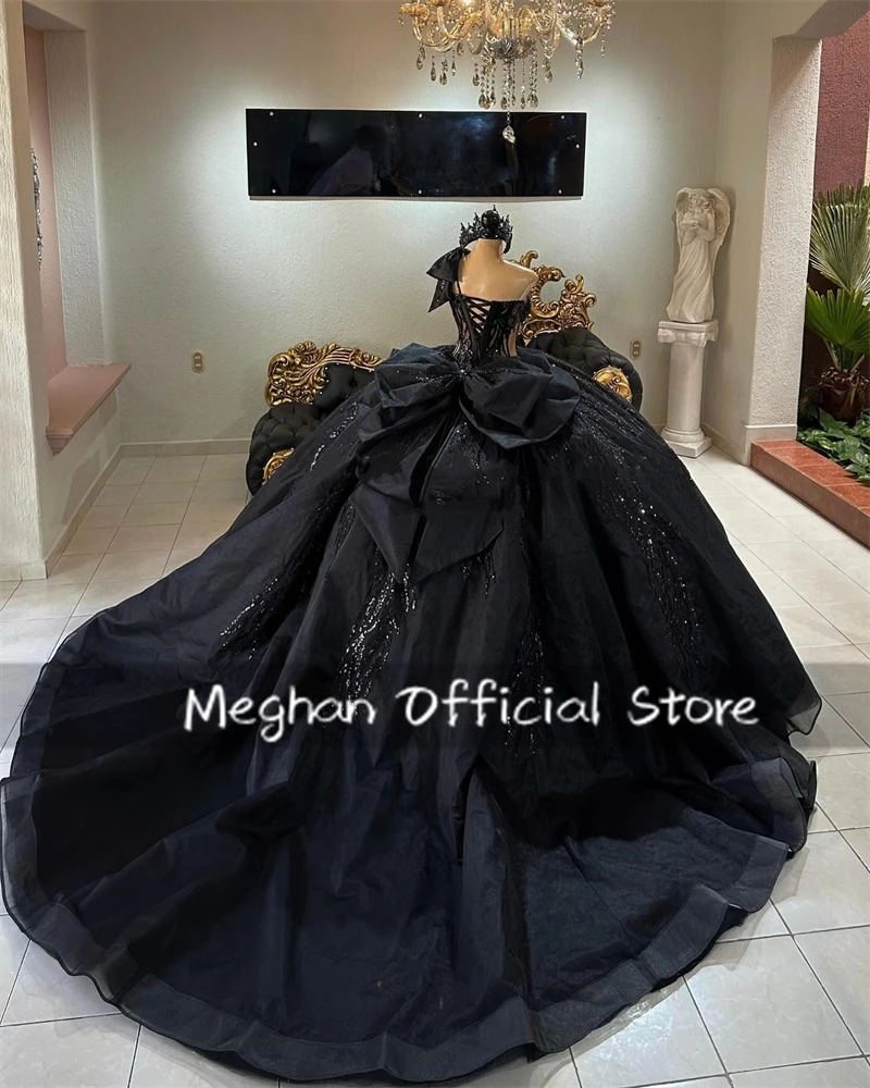 Mexico Black One Shoulder Sequin Quinceanera Dress Ball Gown Bead Applique 2024 Birthday Dress Bow Princess Gown Customized