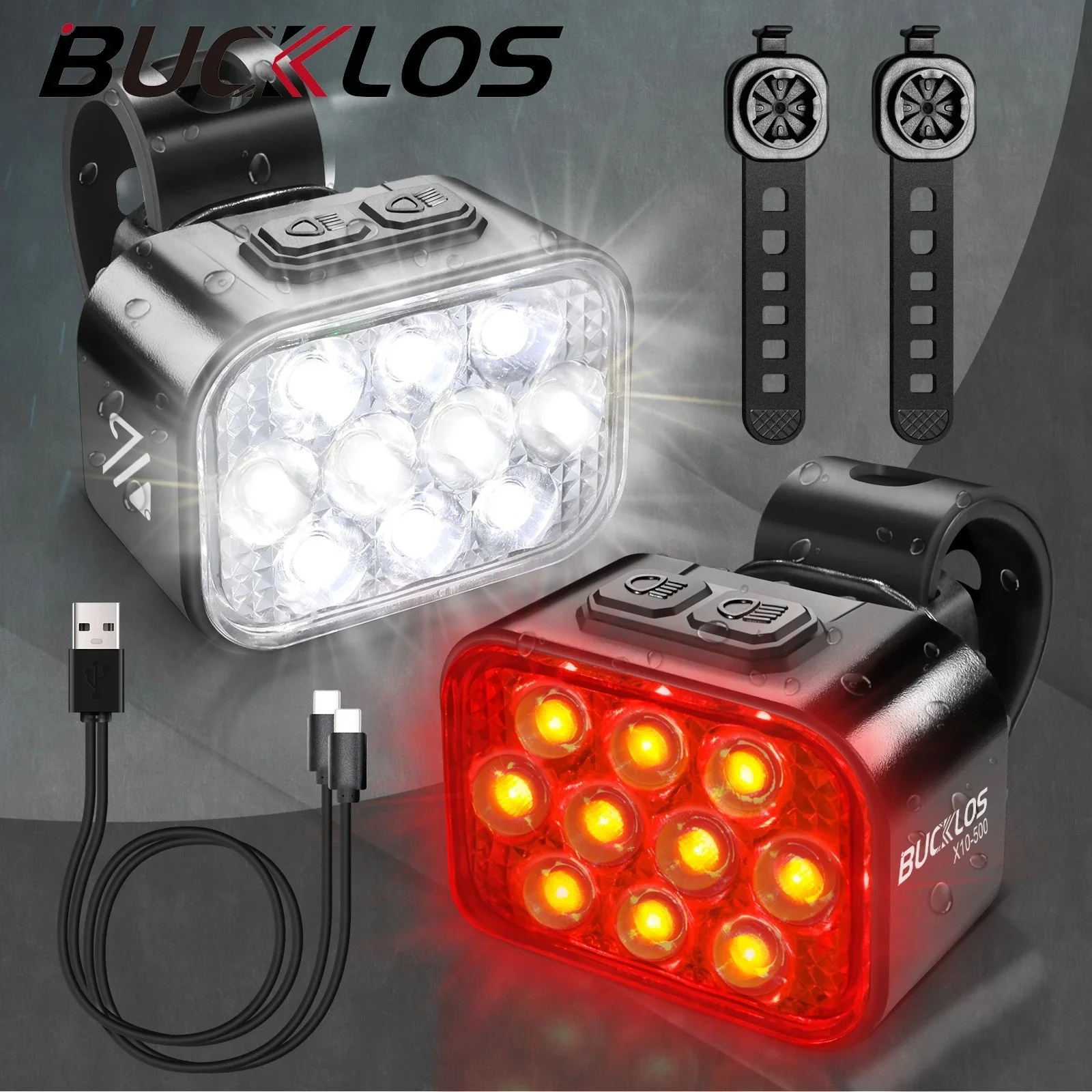 

BUCKLOS Front Rear Bike Light Set 10 LED IP65 Waterproof Type-C Rechargeable High Brightness For Night Riding Mountain Cycling