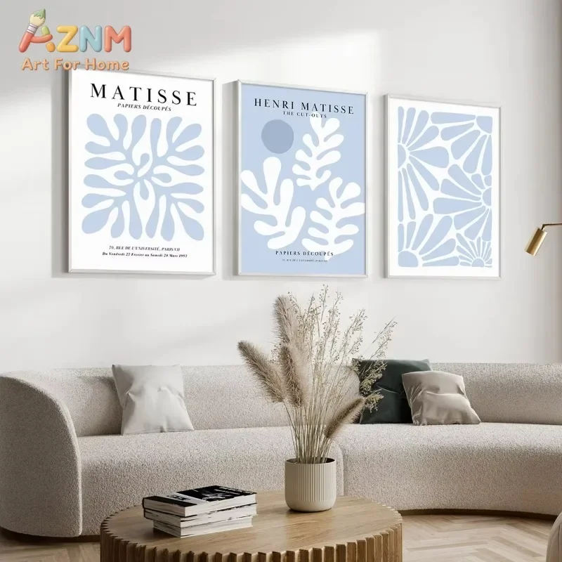AZNM 3pcs Abstract Blue Matisse Canvas Wall Art Exhibition Poster, Picture Mural, Minimalist Living Room Bedroom Home Decoration