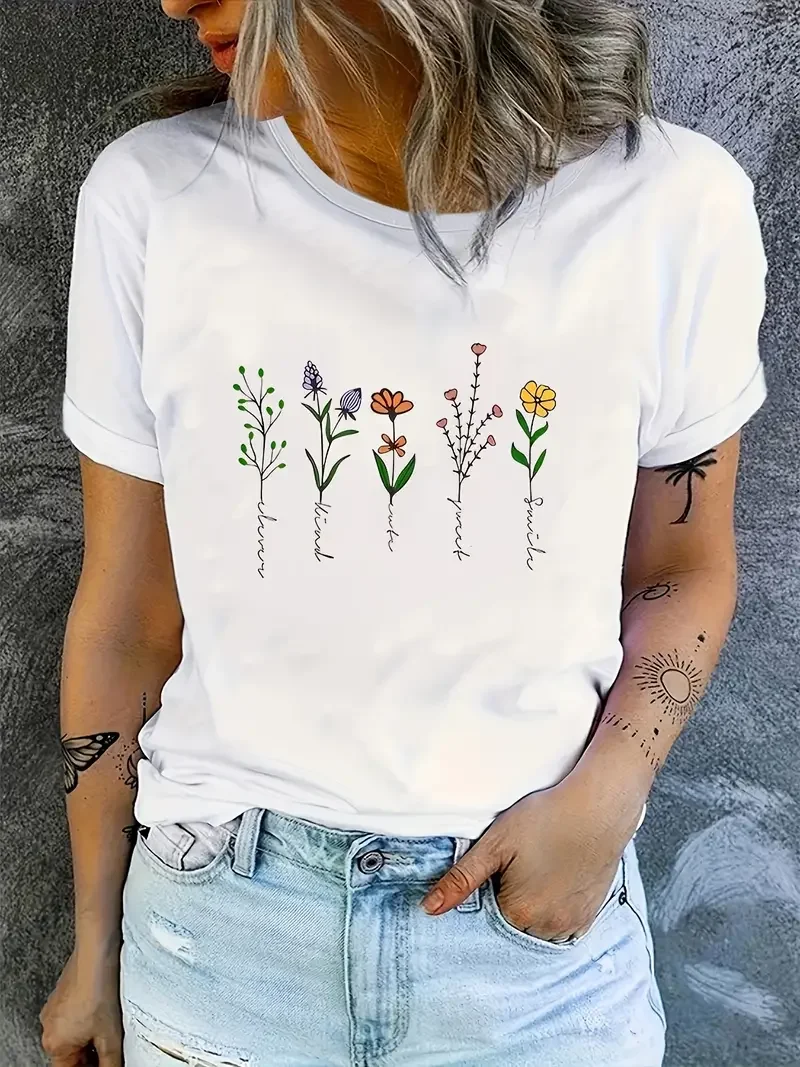 2024 Wild flowers flowers and plants top fashionable printed women's T-shirt  summer women's O-neck short sleeved street trend