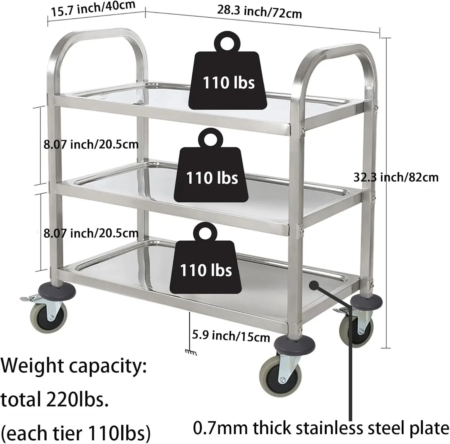 Upgrade 3 Tier Heavy Duty Commercial Grade Utility Cart Kitchen Trolley Serving Cart with Wheels Stainless Steel Rolling Cart St