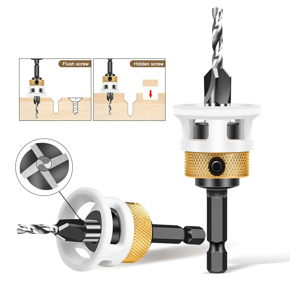4 pz/set Lavorazione Del Legno Limite A Quattro Bordi Svasatore Trapano In Lega Cono di Profondità Regolabile Vite Svasatore Punta da trapano