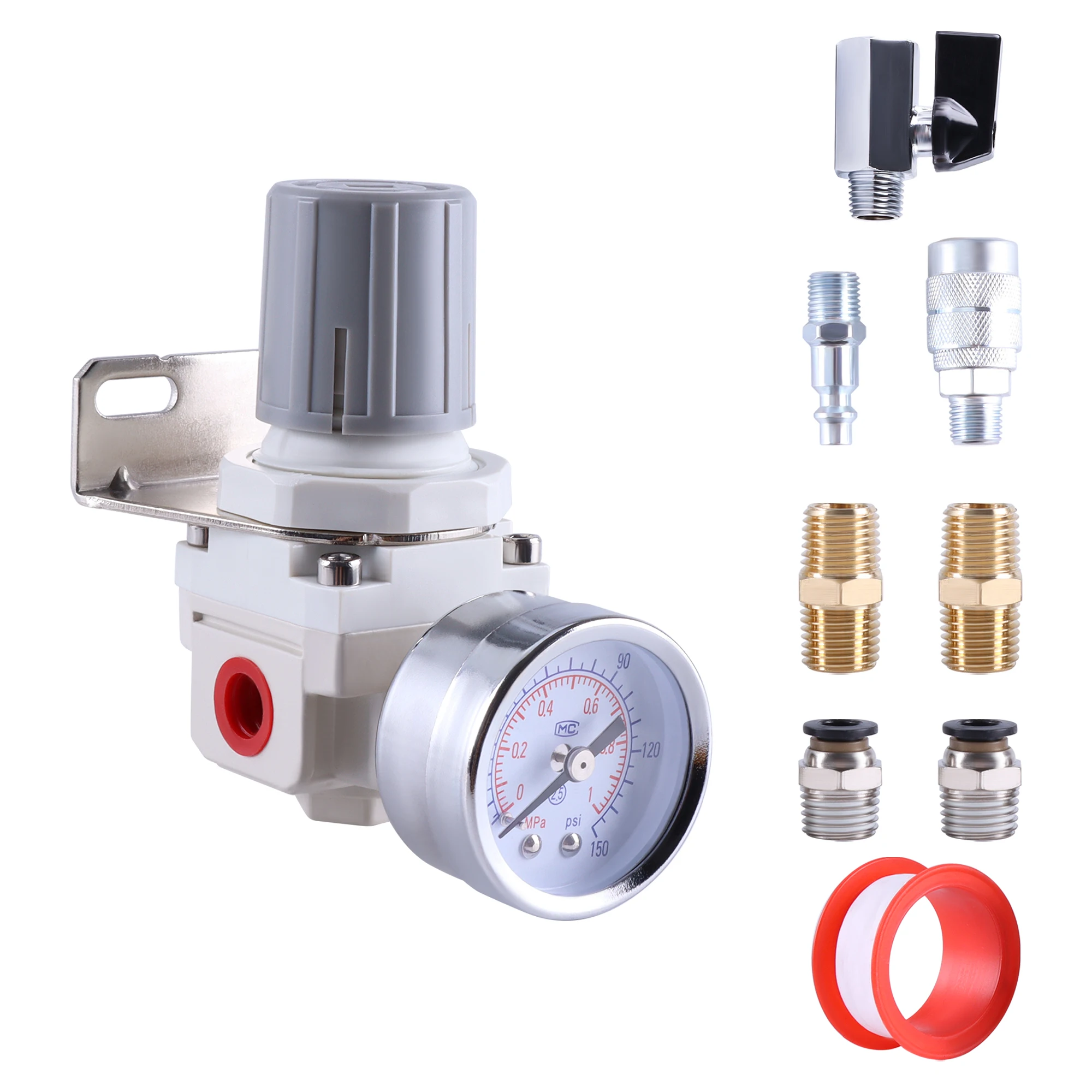 AR2000 1/4" NPT Riduzione del regolatore di pressione del compressore d'aria pneumatico per sistema di aria compressa Manometro protetto in acciaio da 150 PSI