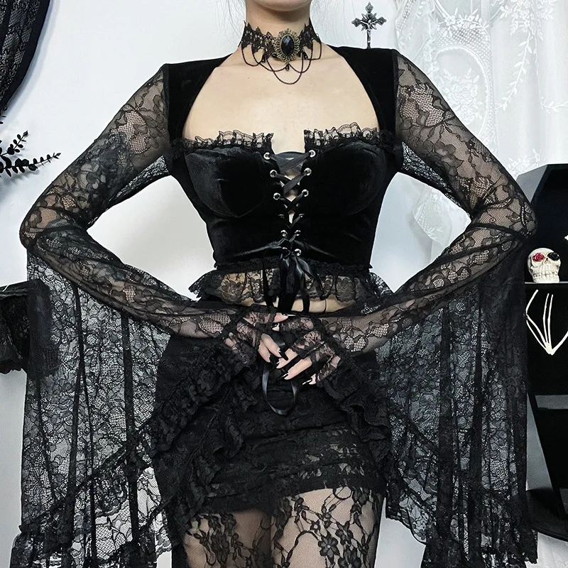 Autumn 2024 new model, Halloween dark gothic temperament lace long sleeve chest strap top women