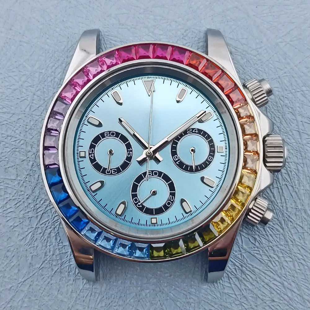 39.5mm Silver Watch Case Rainbow Bezel Luminous Dial Fits VK63 Movement 316L Stainless Steel Sapphire Glass Waterproof