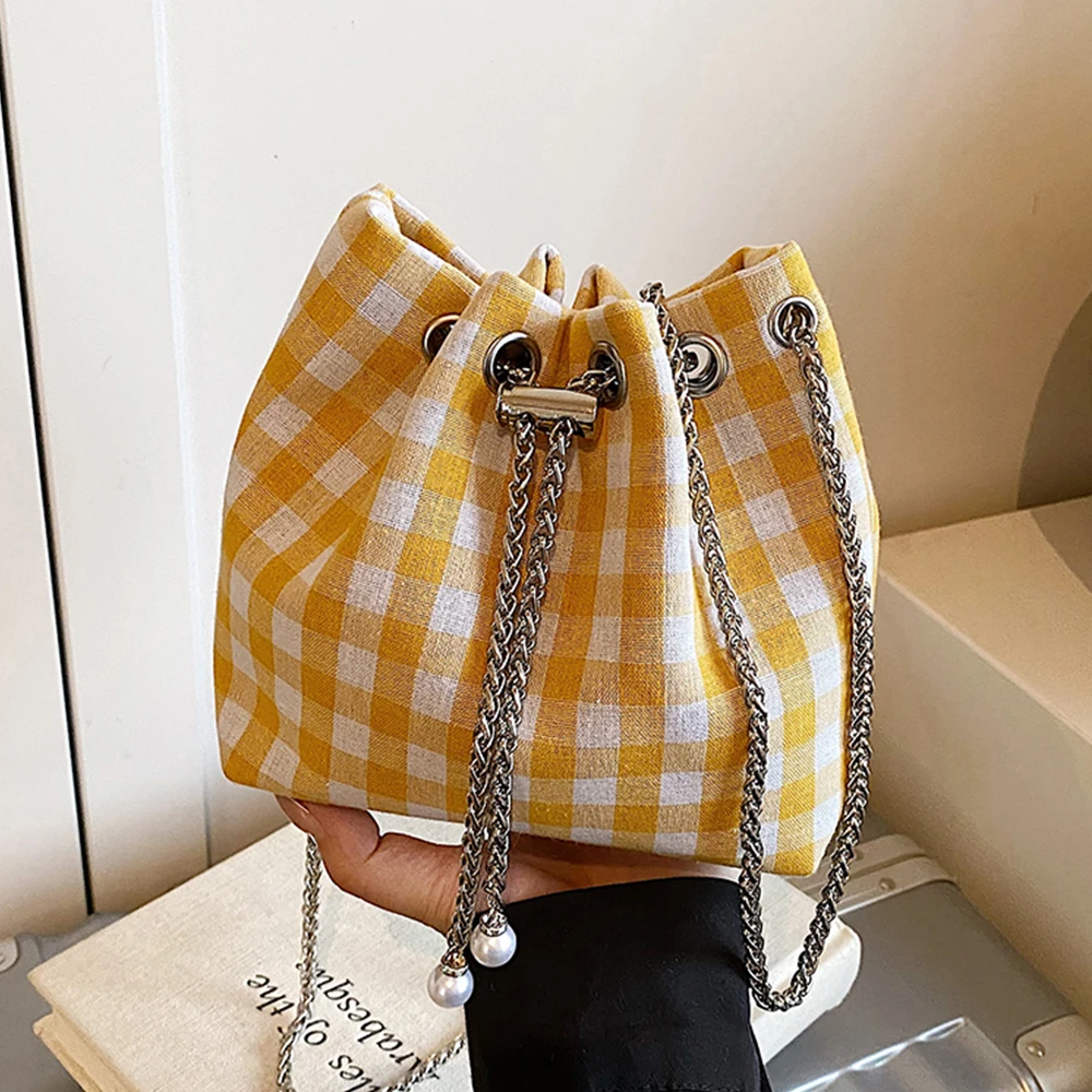 

Summer Light Color Plaid Print Bucket Bag Contrast Color Cute MIni Crossbody Bag Large Capacity Female Leisure Shoulder Packs