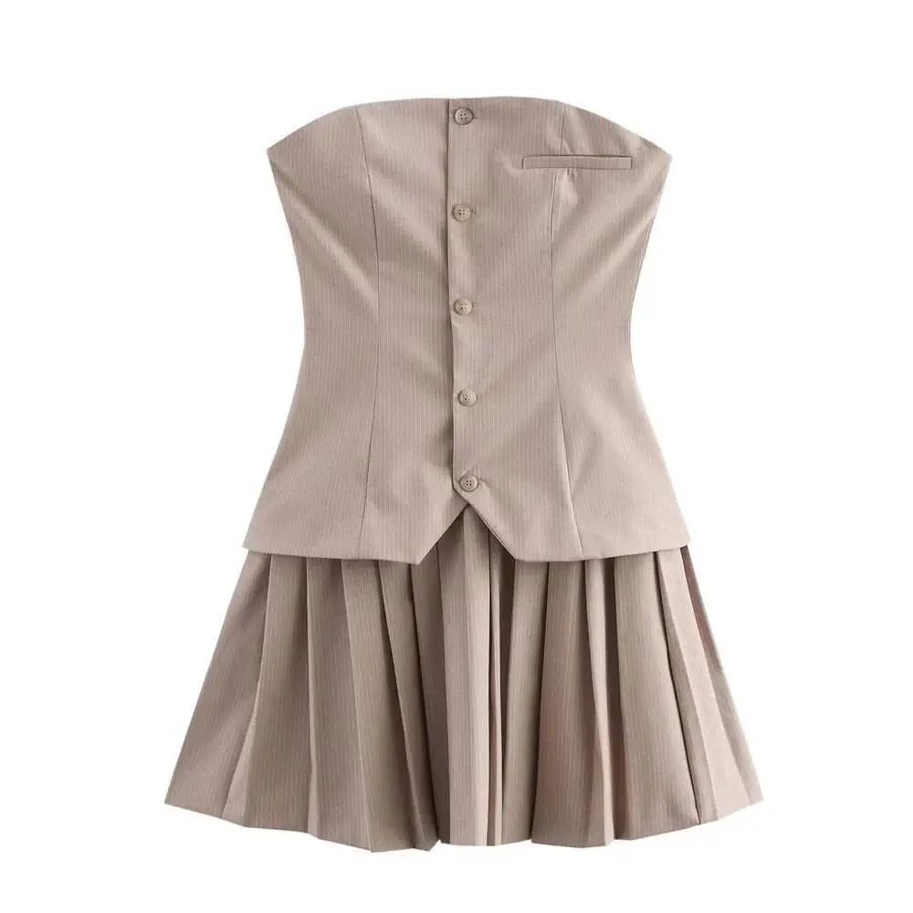 

Spring New Fine Stripe Button Adorned Folded Bottom Fake Two Piece Versatile Strapless Short Dress For Women
