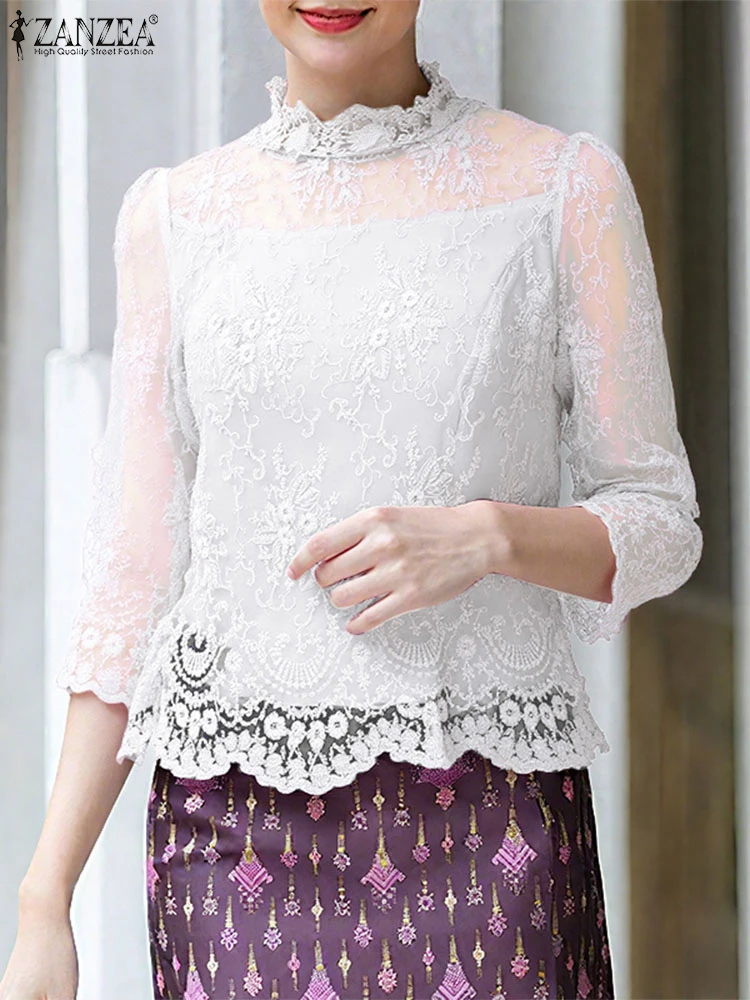 ZANZEA المرأة الخريف تفريغ الدانتيل بلوزة بلايز خمر الأزهار Blusas 3/4 كم س الرقبة الستر 2025 بلوزة شفافة غير رسمية #2
