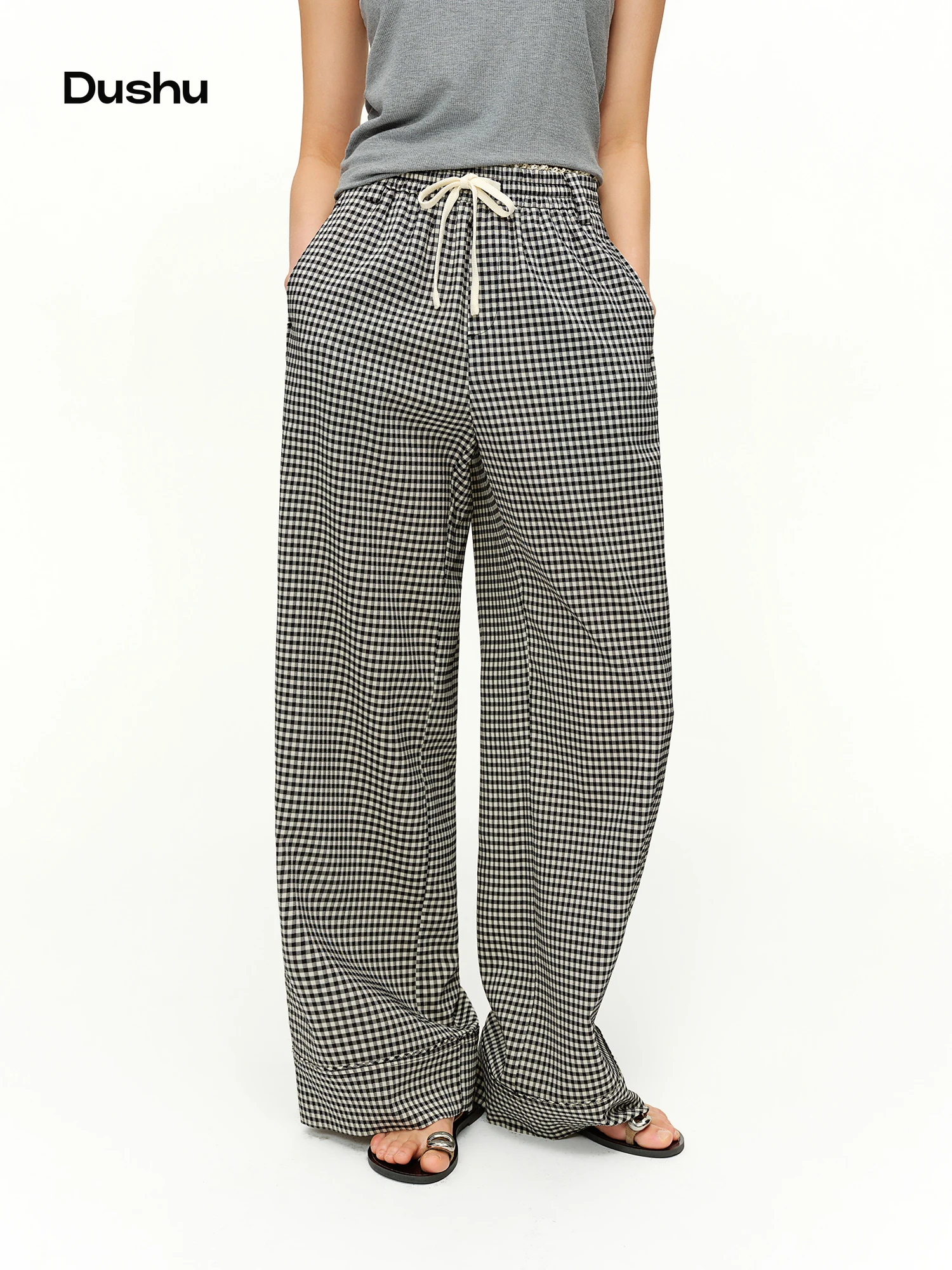 DUSHU 2026 Spring Women's Plaid Pattern Blend Straight Leg Pants - Acetate Commuter Style Trousers Elastic Waist for Office