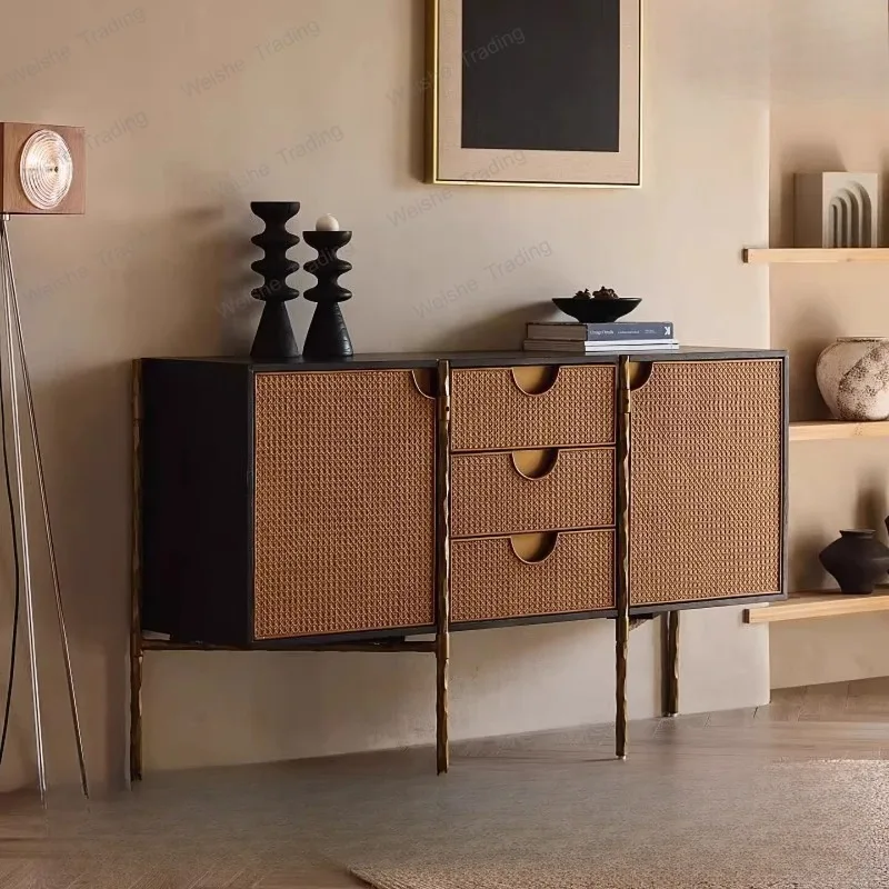 Medieval oak dining side cabinet Villa restaurant locker Rattan storage cupboard Modern simple solid wood