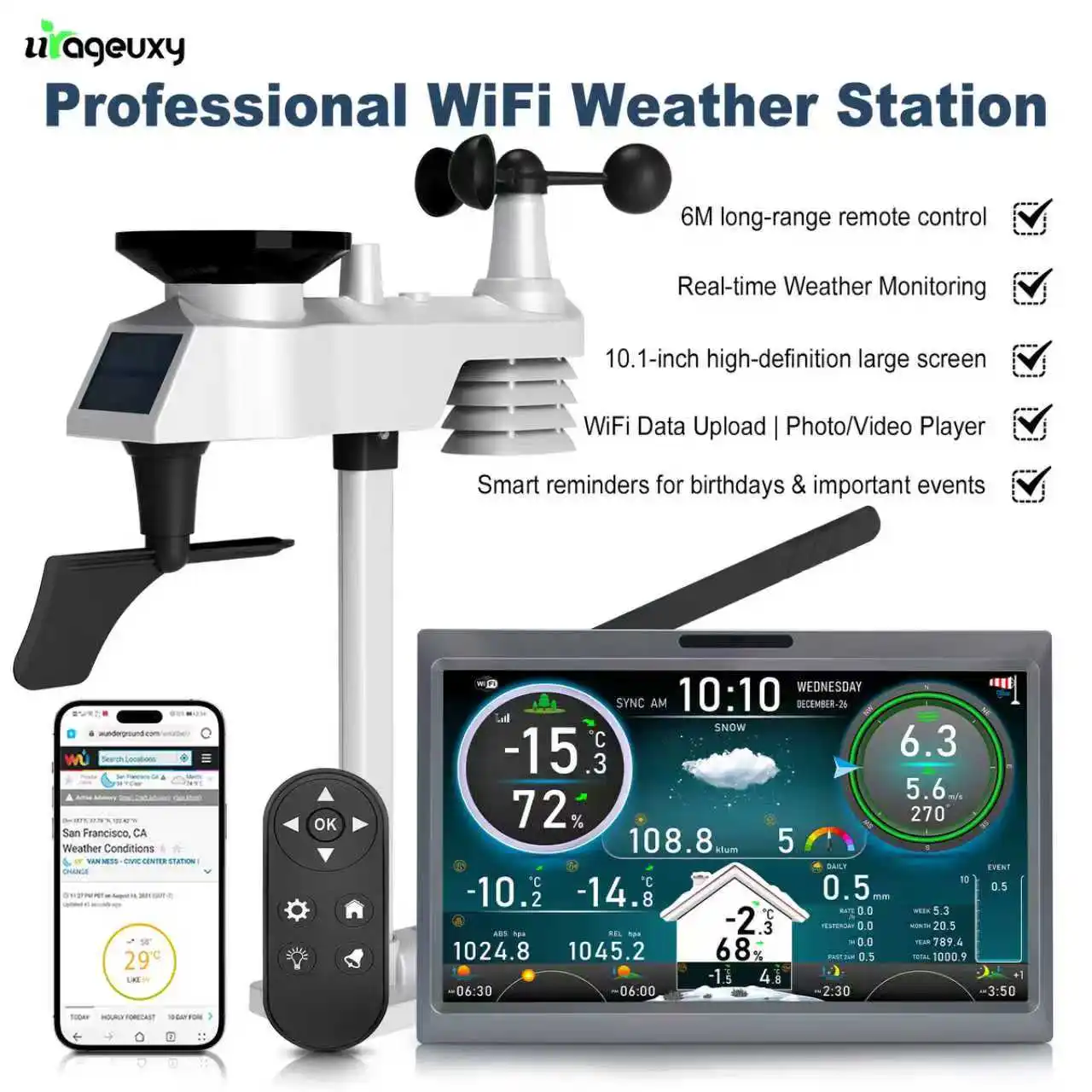10.1 Inch HD TFT Display WiFi Weather Station 7-in-1 with Wireless Sensor Digital Photo Frame Video Player Alarm Remote Control