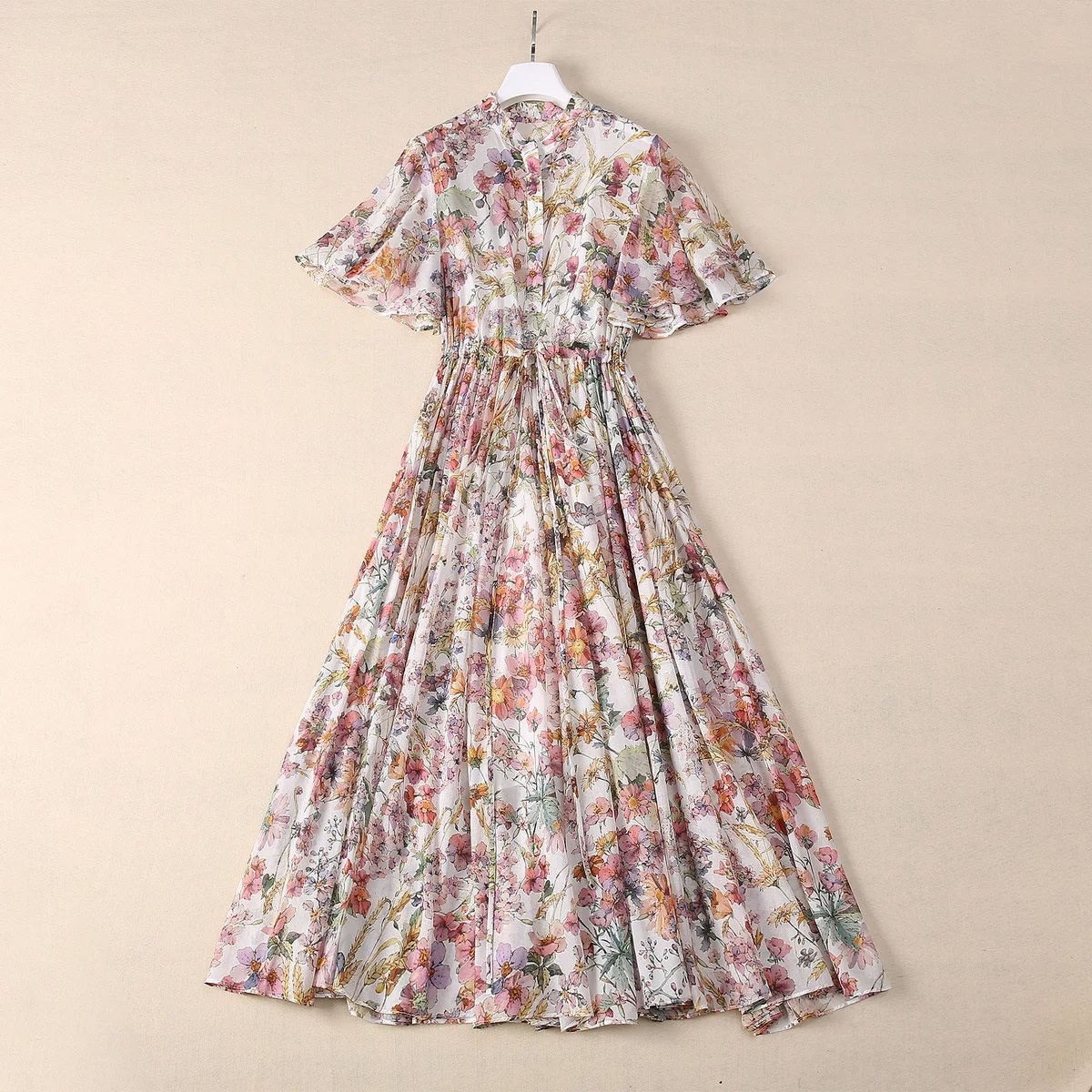 

Europe and the United States women's 2024 summer new Stand collar Trumpet sleeve flower print fashion Cotton pleated dress