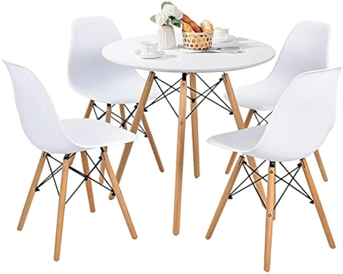 Round Dining Table Set for 4, 5-Piece Kitchen Table Chairs Set, Modern 31.5" D Dining Table,4 Dining Chairs with Solid Wood Legs