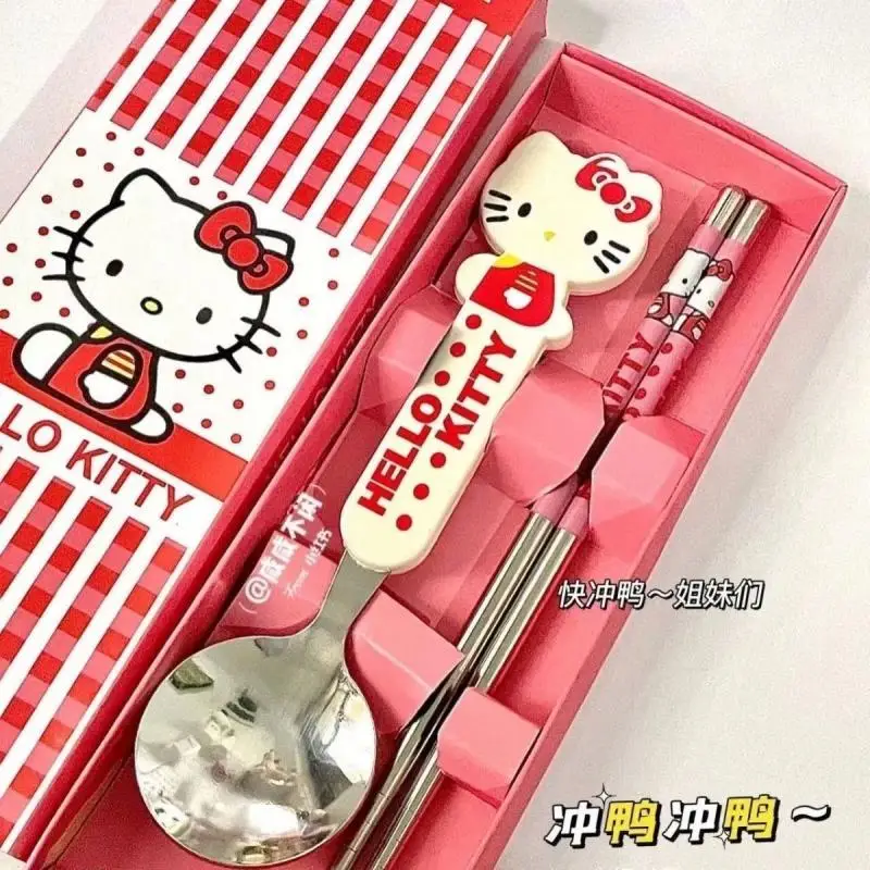 Sanrio Kawaii Anime Hello Kitty Chopstick Spoon Fork Cute Cartoon Kt Cat Student Portable Tableware Lovely Gifts for Kids