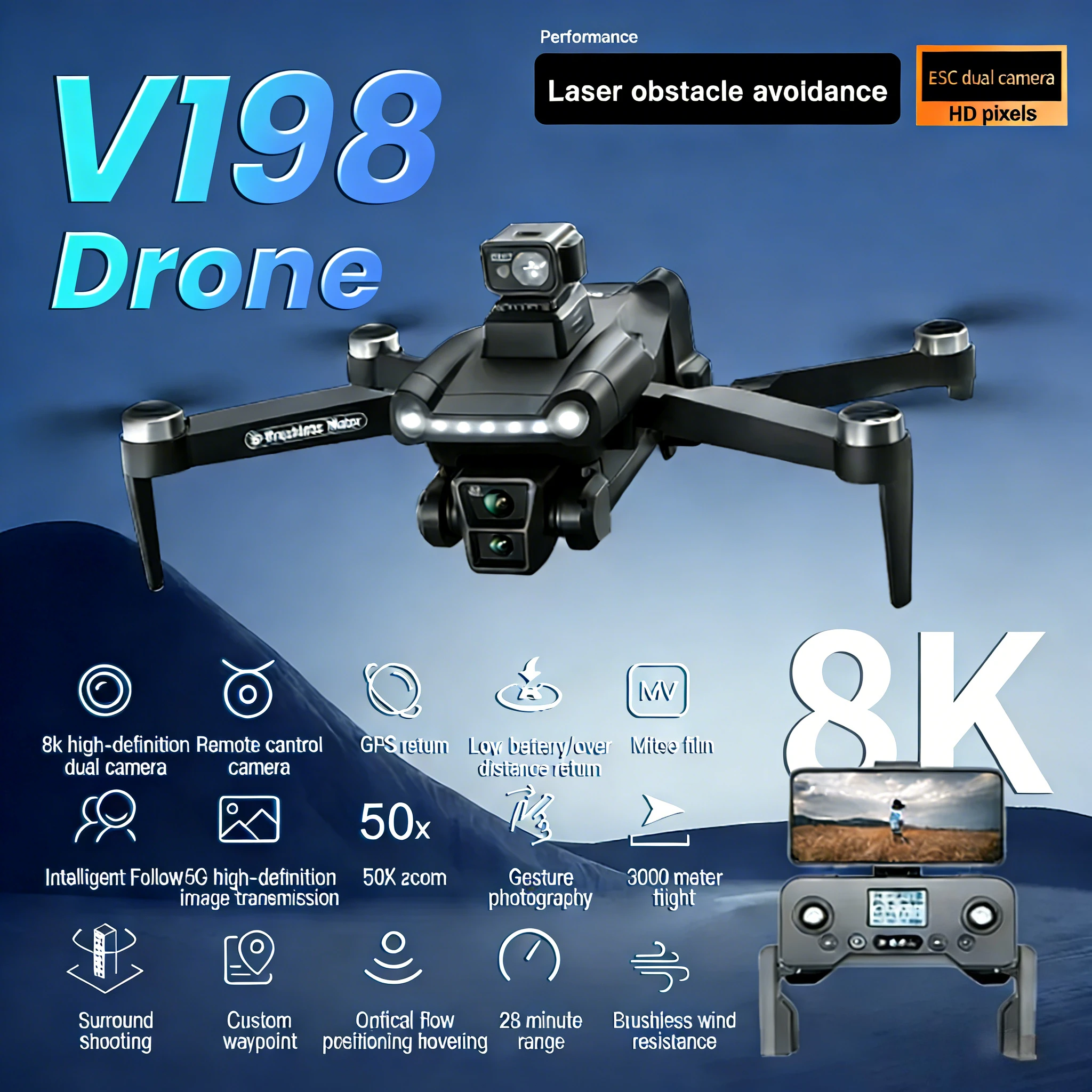 Drone original V198GPS 4K professionnel FPV, sans balais, avec évitement d'obstacles par laser, optique aérienne, pliable, quadricoptère mini 8K