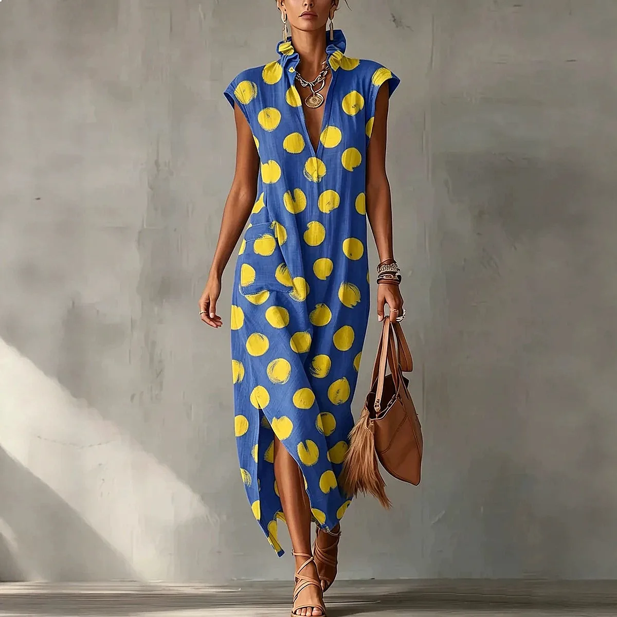 

Polka Dot V Neck Sleeveless Dress Loose Jumpsuit with Pockets Spring Summer Women Overall Playsuits