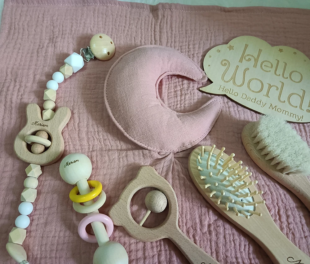 Personalized Name Newborn Bath Wool Brush Comb Gift, Soothing Towel Set, Baby Birth Name Plate, Boys and Girls, 7Pcs