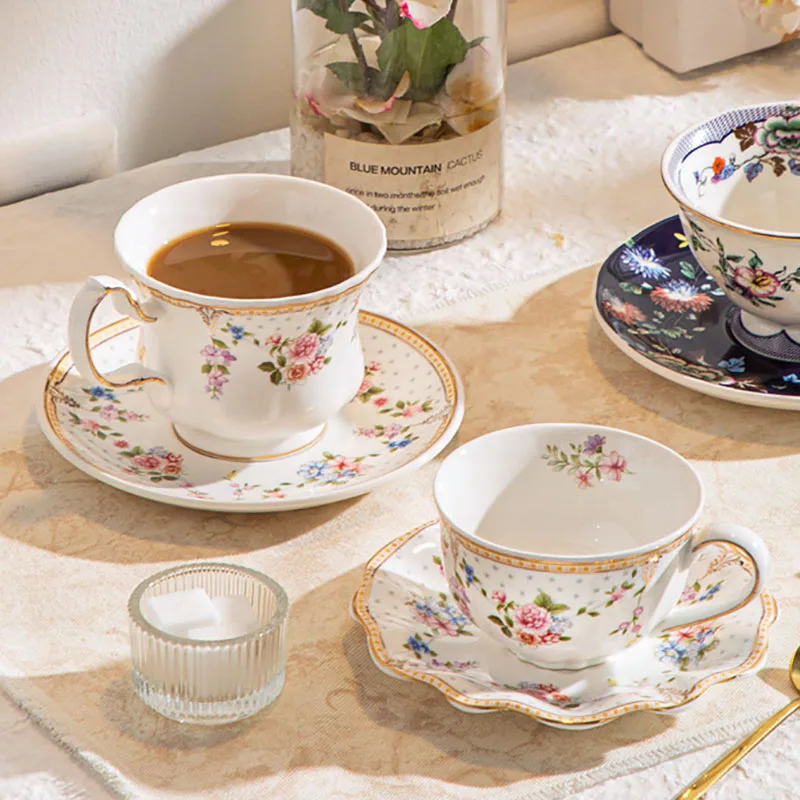 

200ml French Bone China Coffee Mug Saucer Ceramic Water Cup Exquisite Afternoon Tea Flower Teacup Home Breakfast Milk Mug Gifts