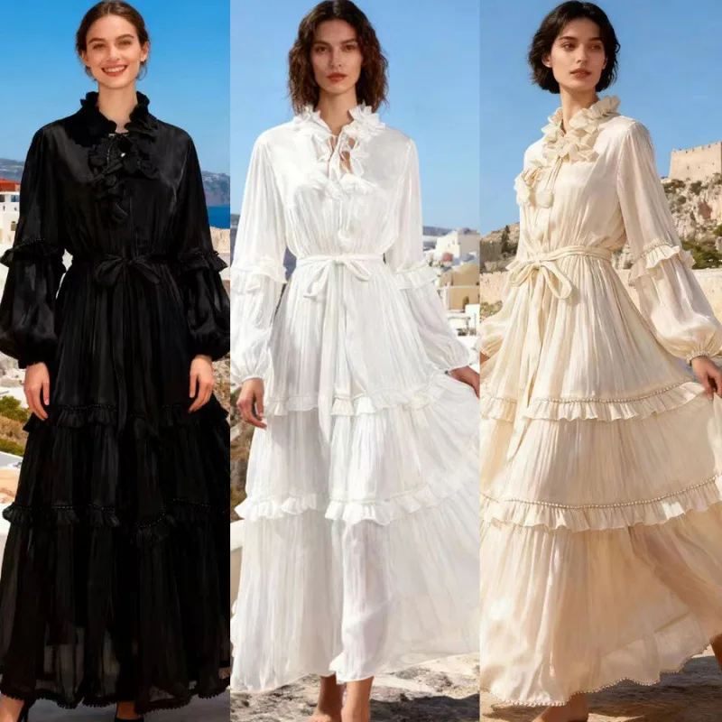 2026 ホリデー スレ フローラルタイ スタンドカラー マルチレイヤー パールレース ラージスイング ピュアカラー レディース ドルベルベット生地 ロングスカート