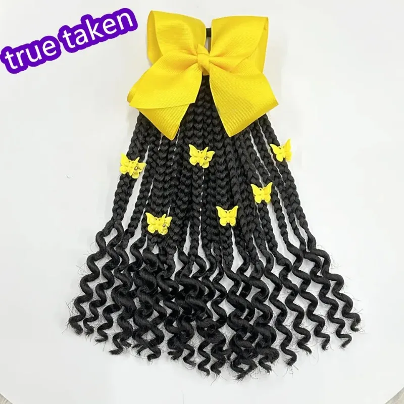 Kids Braided Ponytail with Beads and Bow Kids Hair Extension Ponytail with Curly End for Girls Black Girl Hair Accessories