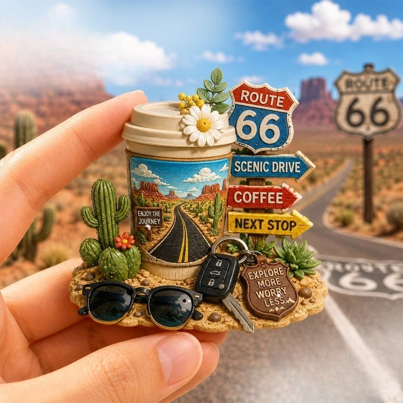 Route 66 Coffee Desert Fridge Magnet - Wanderlust 3D American Souvenir Unique Road Trip Gift for Travel & Rustic Decor