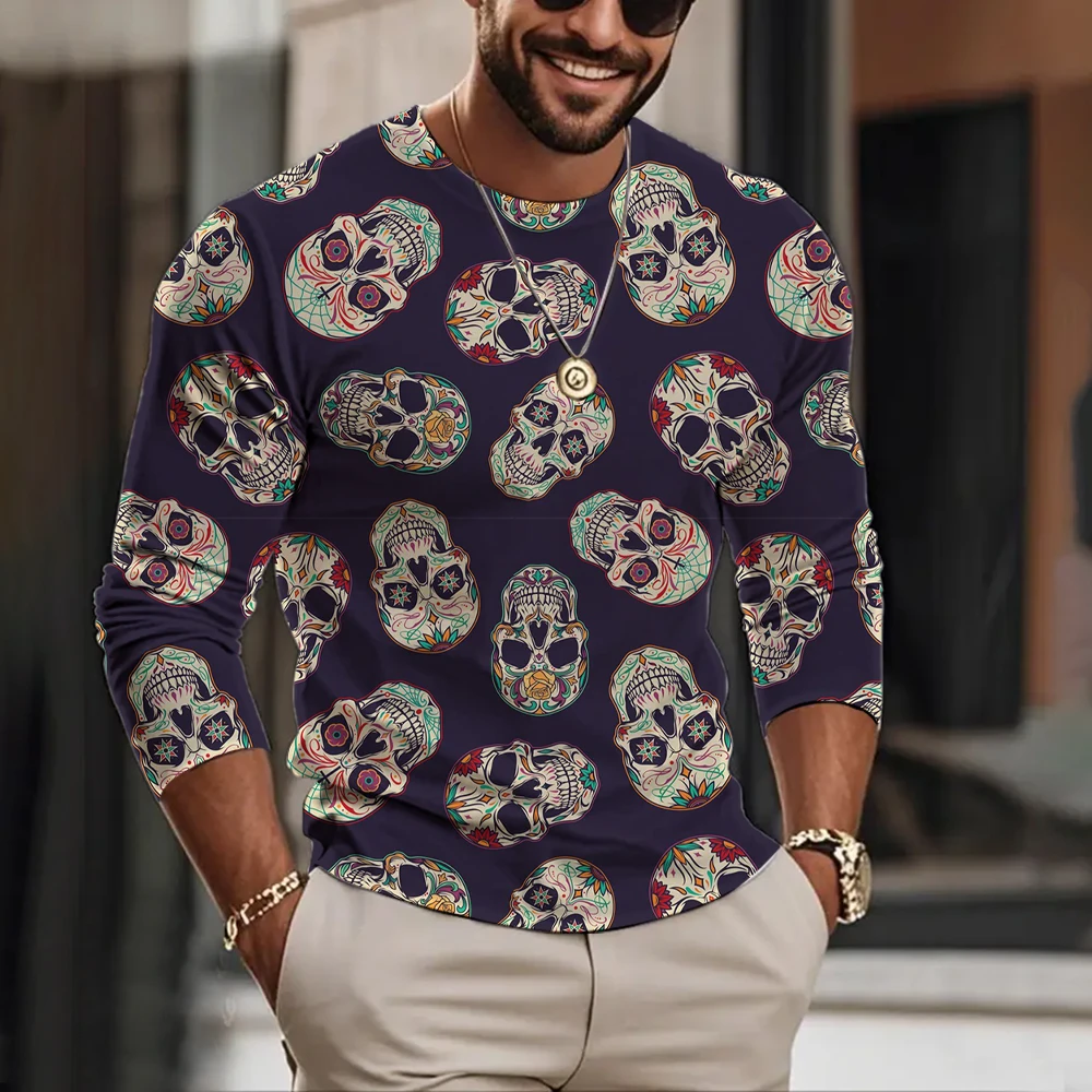 

Fun 3D Skull Printed Men's Long-Sleeve T-shirt Street Hip Hop Personalization O-neck Pullover Outdoor Dazzling Cool Men Clothing