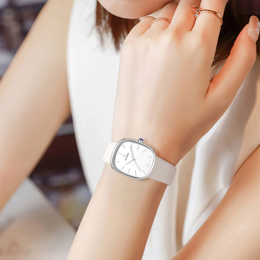 WWOOR 타원형 다이얼 여성용 시계 여성을위한 고급 가죽 스트랩 방수 쿼츠 시계 패션 단순 숙녀 복장 실버 시계