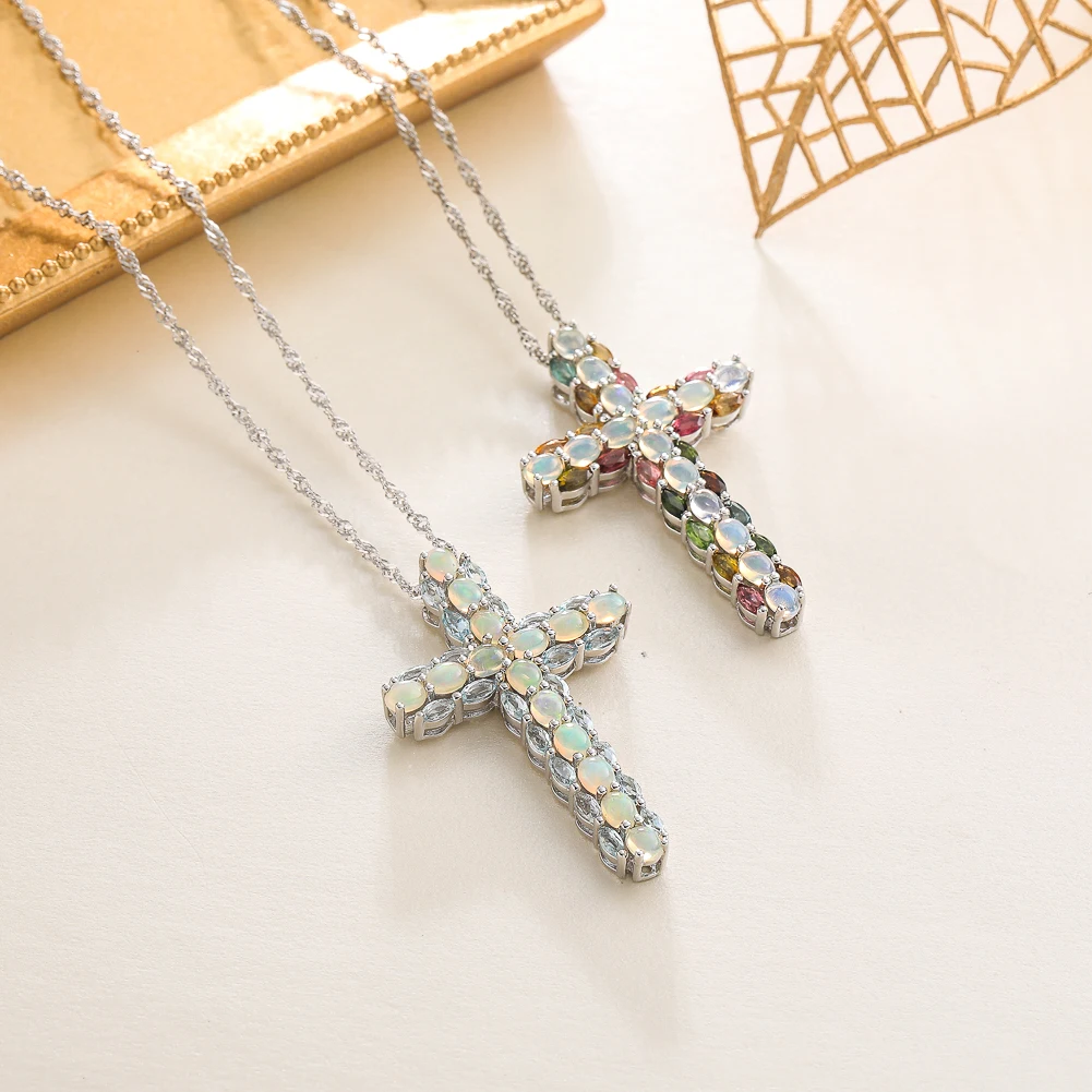 GZ ZONGFA Real 925 Sterling Silver Cross Pendant For Women Natural Opal Tourmaline Mixed Color Gems 3.7ct Necklace Fine jewelry