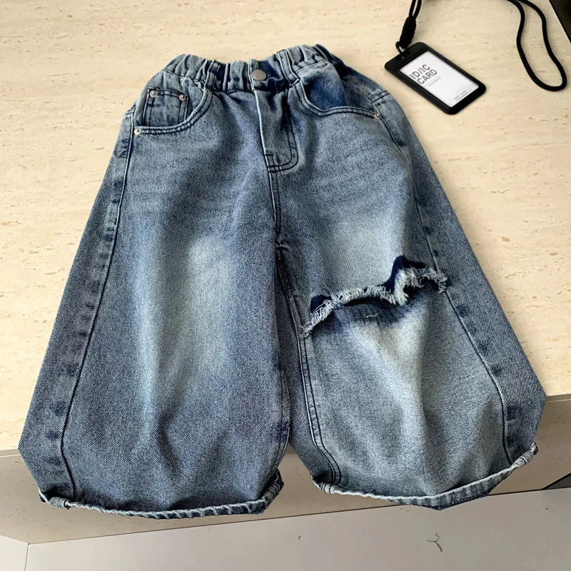Children Clothes Kids Casual Denim Pants New Spring Summer 2026 Stylish Versatile Ripped Jeans Boys and Girls Casual Denim Pants