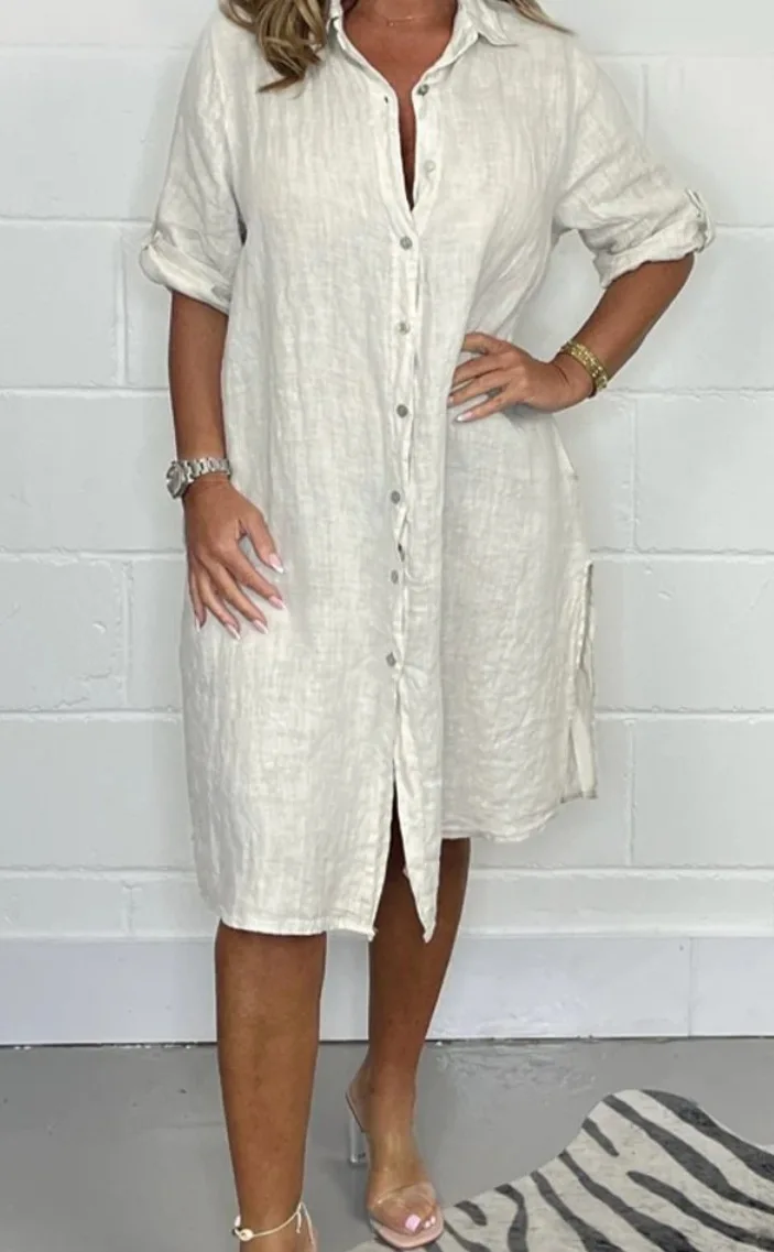 

Women's Loose Casual Medium Sleeve Solid Color Cotton Linen Shirt Dresses