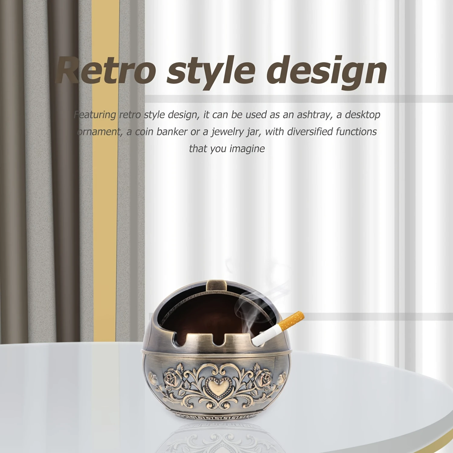 

Hand-Carved Vintage Windproof Ashtray with Lid - Durable Metal, Portable Design for Indoor & Outdoor Use - Ideal for Office & R