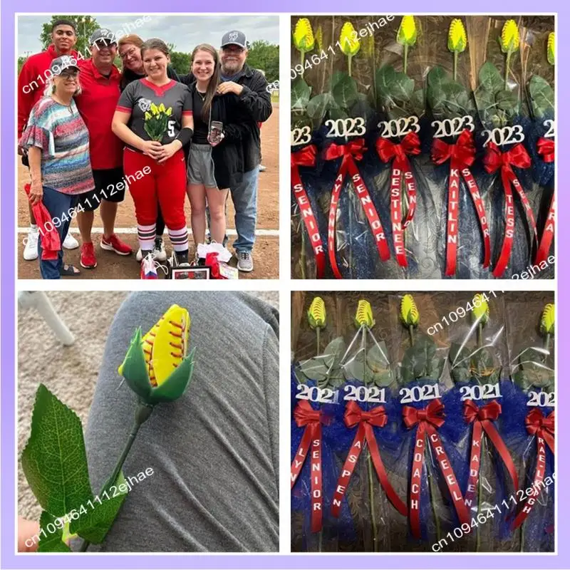 N83R 소프트볼 로즈 스포츠 가죽 로즈 소프트볼 엄마 팬 팀 졸업을위한 수제 인공 소프트볼 꽃 선물