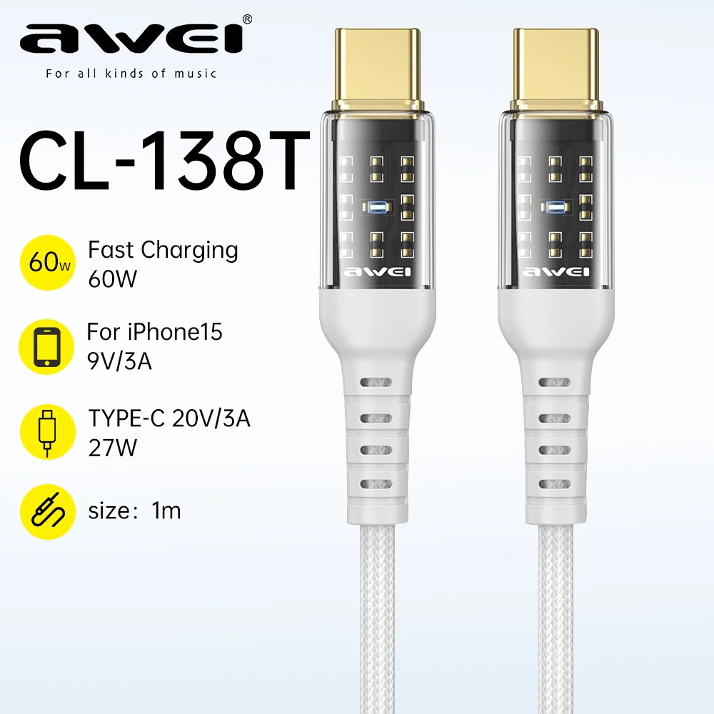 

Awei CL-138 PD 60W USB Type C Cable For iPhone 14 13 12 Pro Max For Xiaomi iPad Fast Charging Date Cable Quick Charge Wire Cord