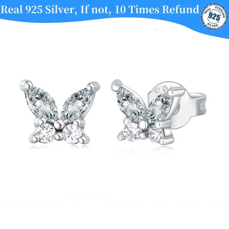 Authentic 925 Sterling Silver Crystal Butterfly Hoop Earrings For Women Simple Puncture Earrings Fit Girl Birthday Evening Party