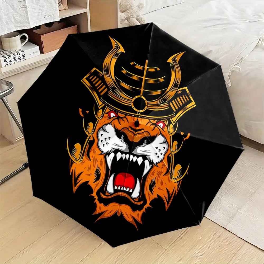 Samurai Tiger Head in Bold Artistic Design Compact Fashion Folding Umbrella for Daily Use, Christmas Gift