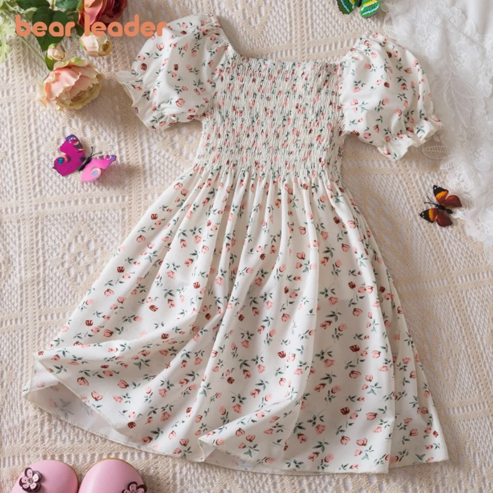 Bear Leader 2026 Summer Dresses New Bubble Sleeves Sweet Princess Girls Dresses Vacation Short Sleeve Children's Clothing