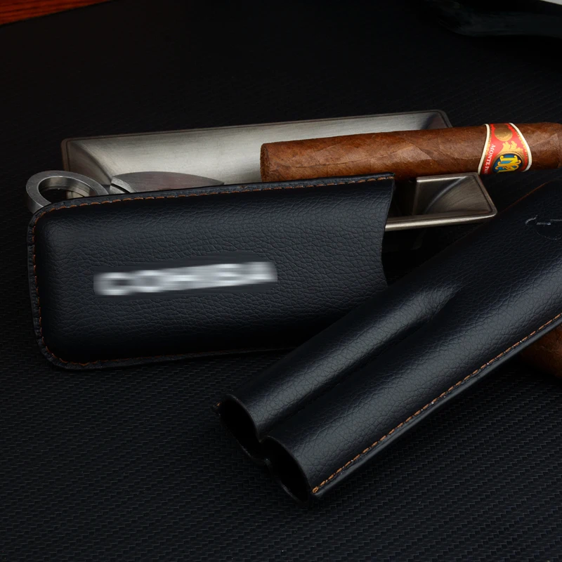 Black Cigar Case  Leather Cigar Holder Black Travel Humdor Fit 2 Tubes 50R Tobacco  Box Exellent Smoking Accessory for Men