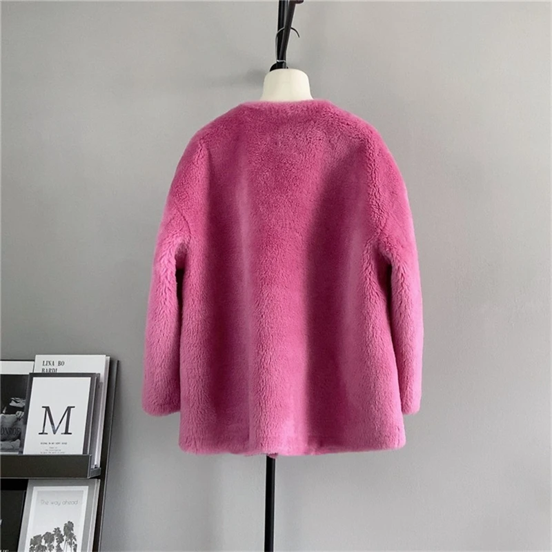 2024 Autumn and Winter New V-neck Lamb Wool Coat Women Genuine Fur Warm Short Korean Style Jacket PT4109