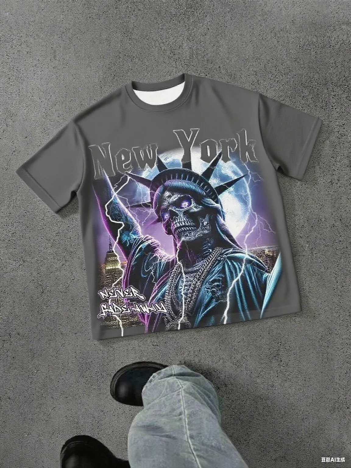Pure Cotton Short - Sleeve Tee, Unique New York Skull Statue of Liberty Print, Edgy Streetwear, Soft Fabric for Casual Looks