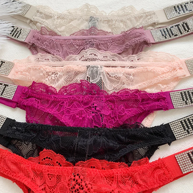 New Sexy Women Lace Pink Panties Lingerie Seamless Thong Underwear Low Rise Bikini Bra Rhinestone Letter Female Comfort Briefs