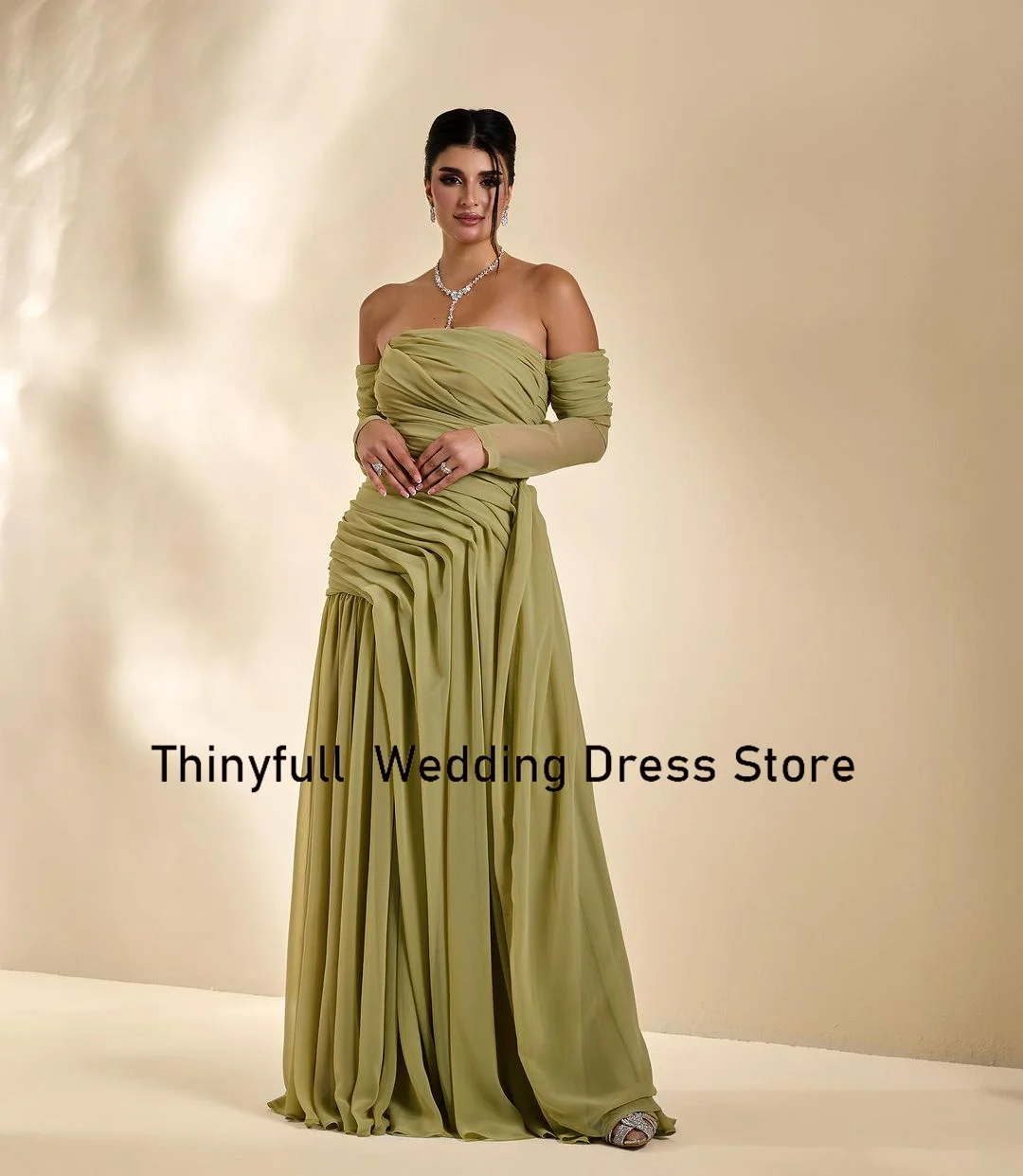 Thinyfull Chiffon A-line Prom Dresses Strapless Long Sleeves Off Shoulder Evening Party Dress Formal Occasion Gown Robe De Soiré