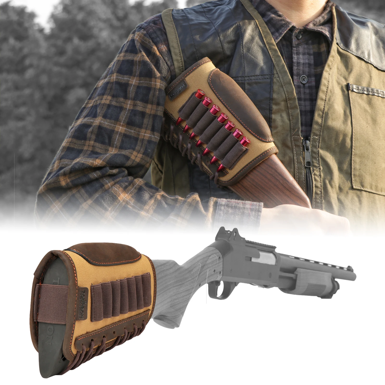 

Tourbon Canvas&Leather Rifle Cheek Rest Adjustable Gun Buttstock Cover with Ammo Cartridges Bullet Holder for Shooting Hunting